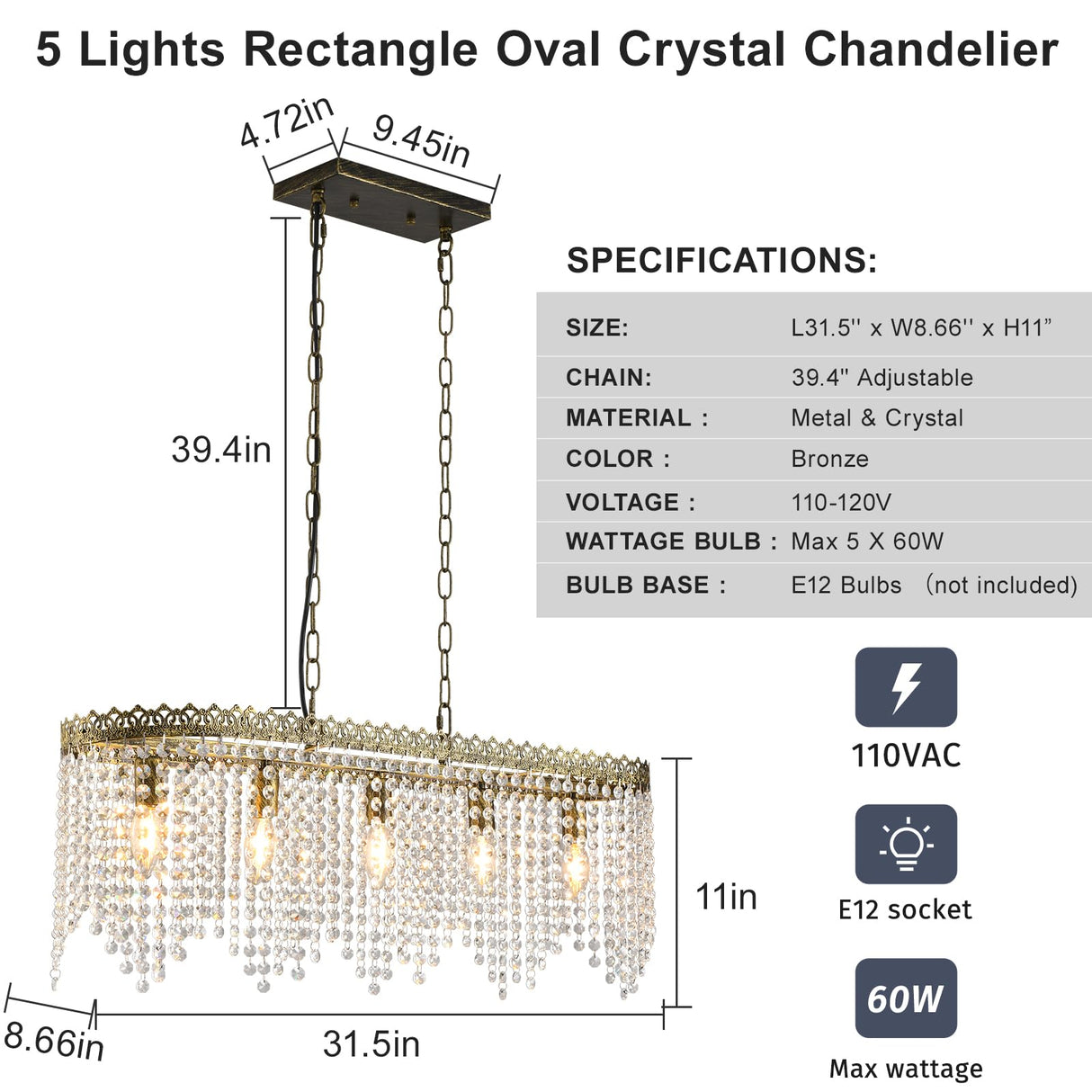 KAIQI 5 Lights Rectangle Oval K9 Crystal Chandelier Antique Bronze Pendant Light Fixture for Dining Room, Living Room, Pool Table Light, Kitchen Island Lighting，L31.5Inchs x W8.66Inchs x H11Inchs