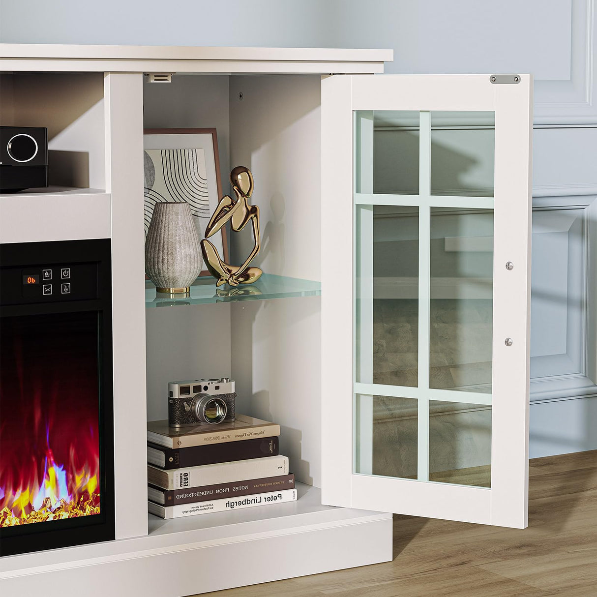 White Fireplace TV Stand with LED Lights & Power Outlets - 65 Inch