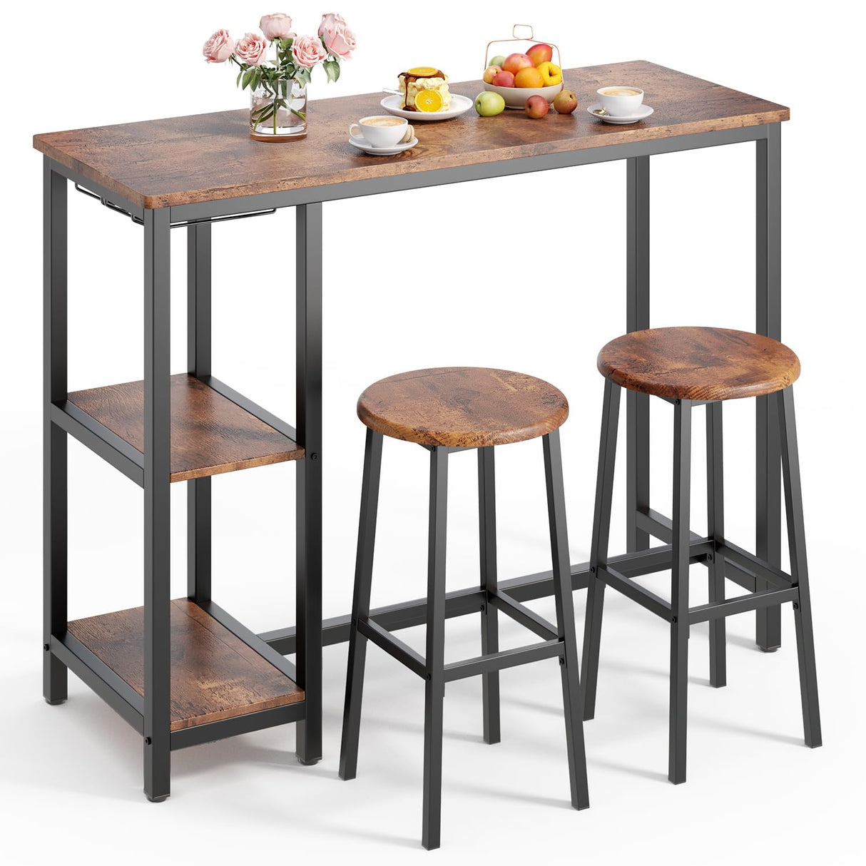 3-Piece Bar Table and Chairs Set for 2, Bar Table Set with 2 Storage Shelves