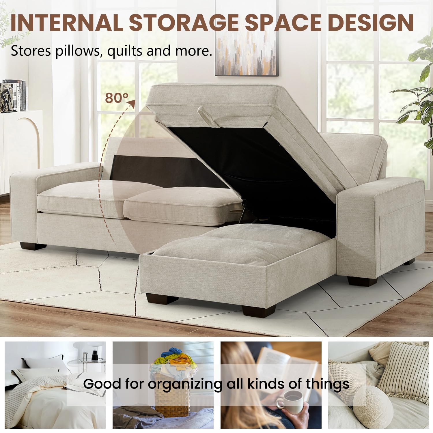 ASHOMELI 99″ Convertible Sectional Sofa with USB & Type-C Charging, Reversible L-Shaped Couch