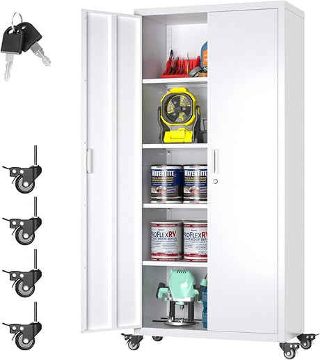 71" H Metal Storage Cabinet on Wheels with 5 Pegboards and 1 Drawer