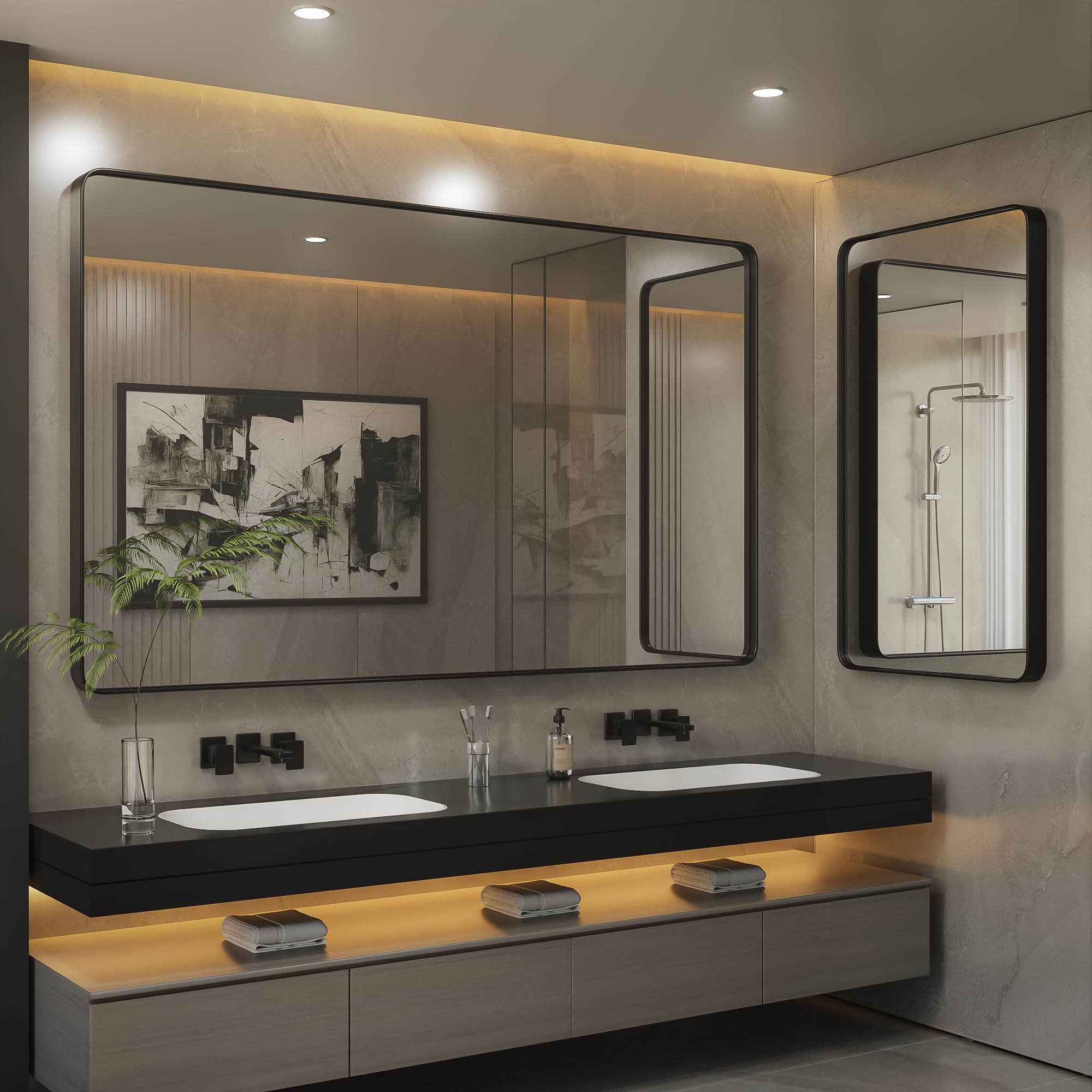 Large Black Matte Mirror for Bathroom 60" x 28" Round Corner Wall Mounted Mirror