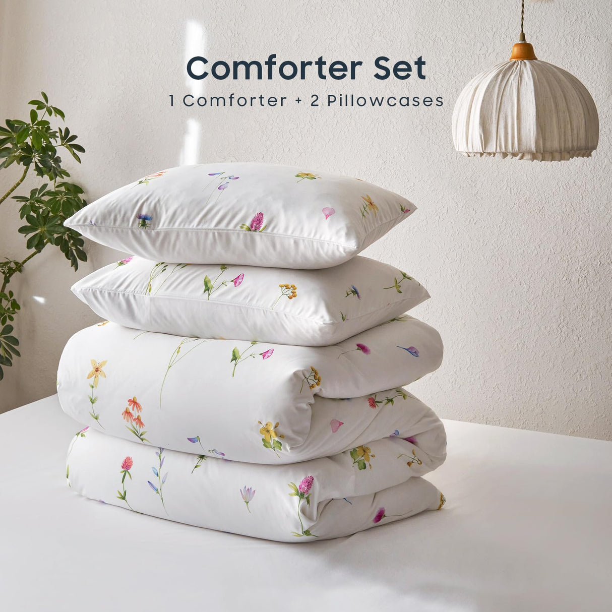 Floral Comforter Set, Cottagecore Cute Aesthetic Watercolor Tiny Flowers and Leaves,
