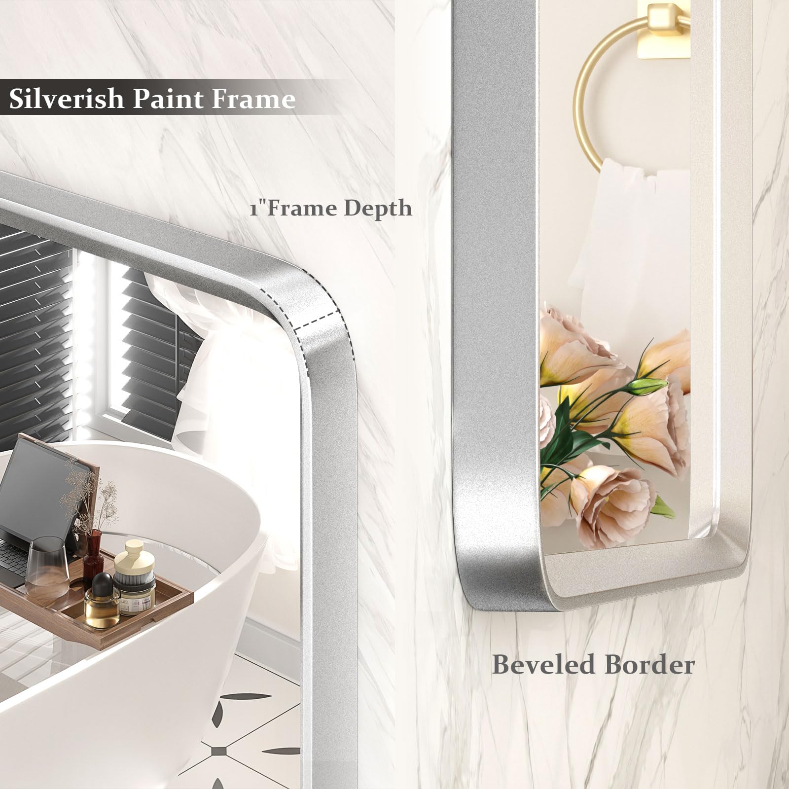 48x30 Inch Silver Bathroom Mirror - Rounded Rectangle Vanity Mirror