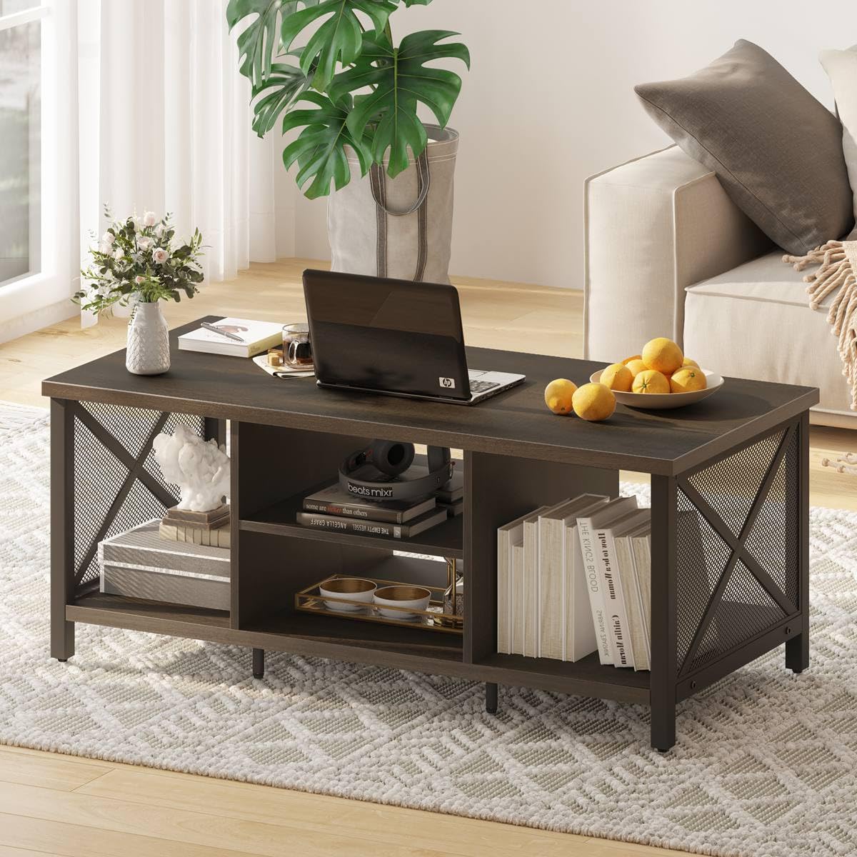 Rustic Coffee Table for Living Room, Farmhouse Dark Wood Center Table