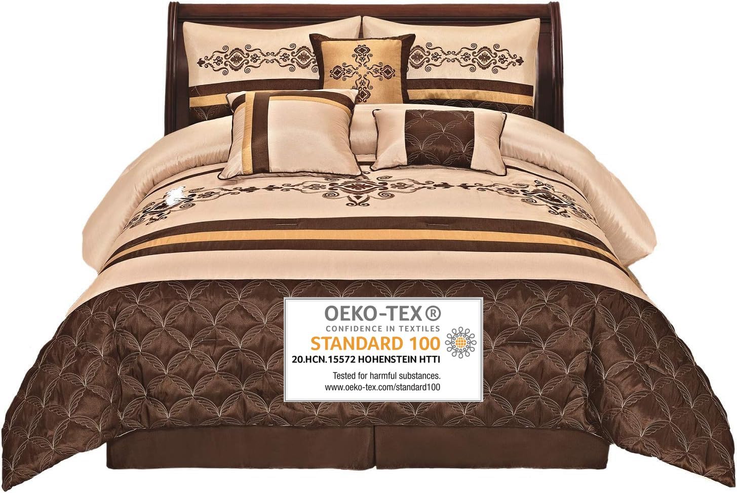 7-Piece Luxury Embroidered Comforter Set - Beige Brown Gold (Queen)