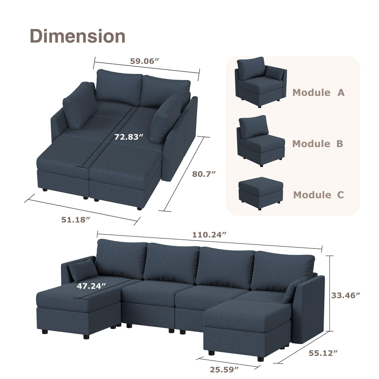 Modular Sectional Sofa, 6 Seat Modular Couch with Storage, Memory Foam