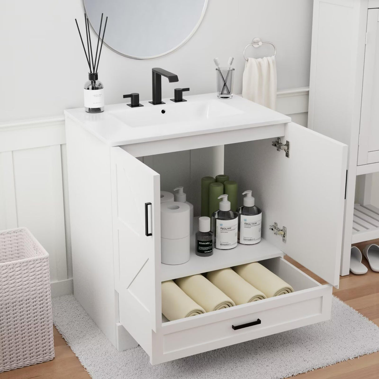 30" Farmhouse Bathroom Vanity with Ceramic Sink, Floor Standing Single Basin Vanity Set