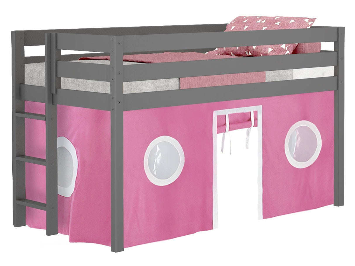 Contemporary Low Loft Twin Bed with End Ladder, Gray with Pink & White Tent