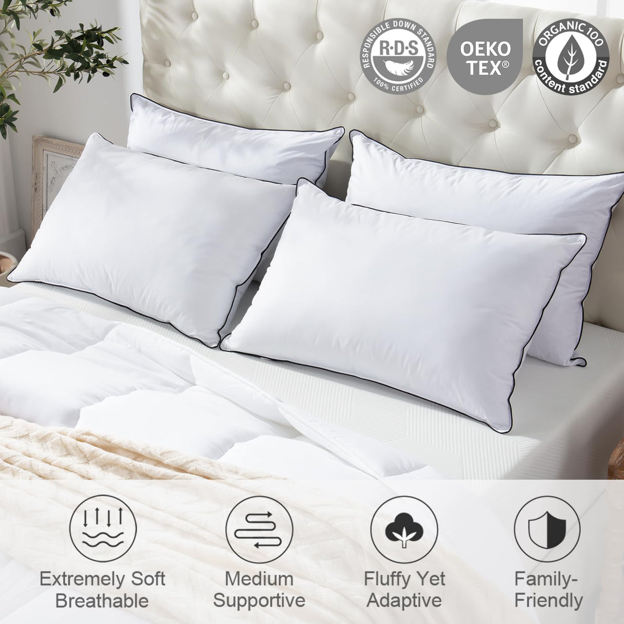 APSMILE Medium Firm Feathers Down/Poly Pillow Standard Size Pack of 1, Luxury Feather Pillow for Sleeping, 100% Organic Cotton Cover Hotel Collection Bed Pillows (White, 20"x26")