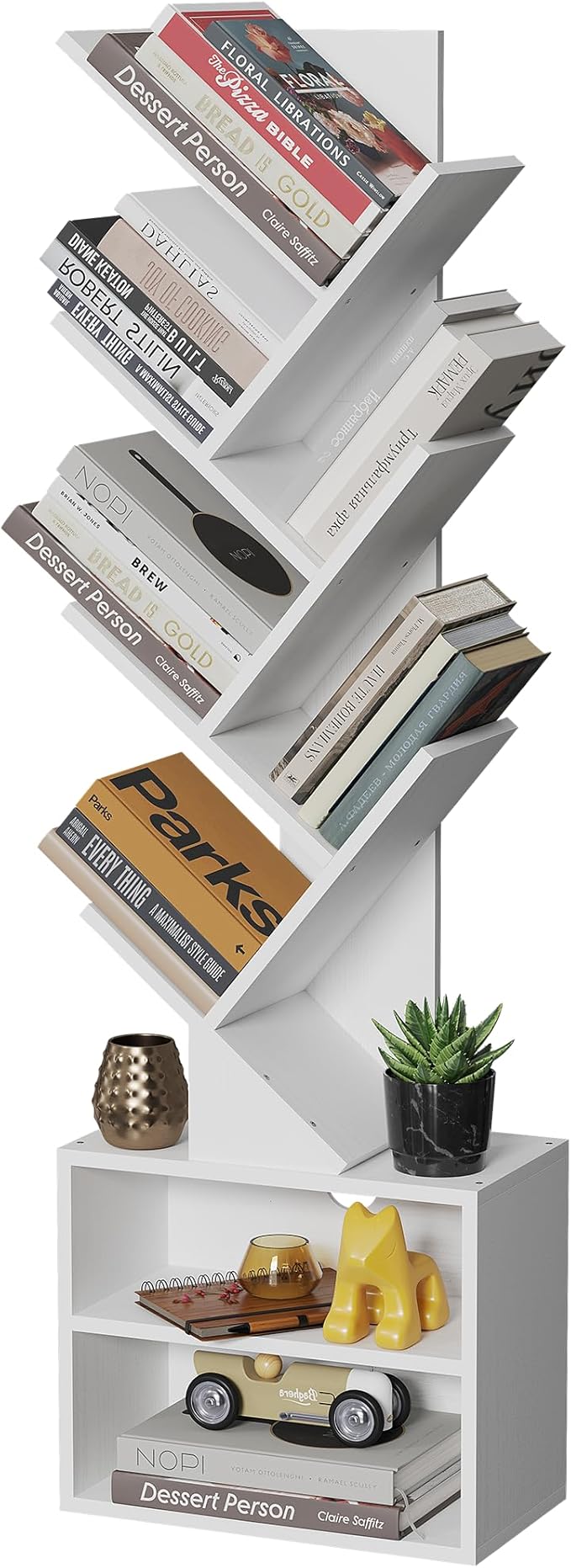 6 Tier Tree Bookshelf, Small Bookcase with Storage Cabinet, Modern Narrow Bookshelves