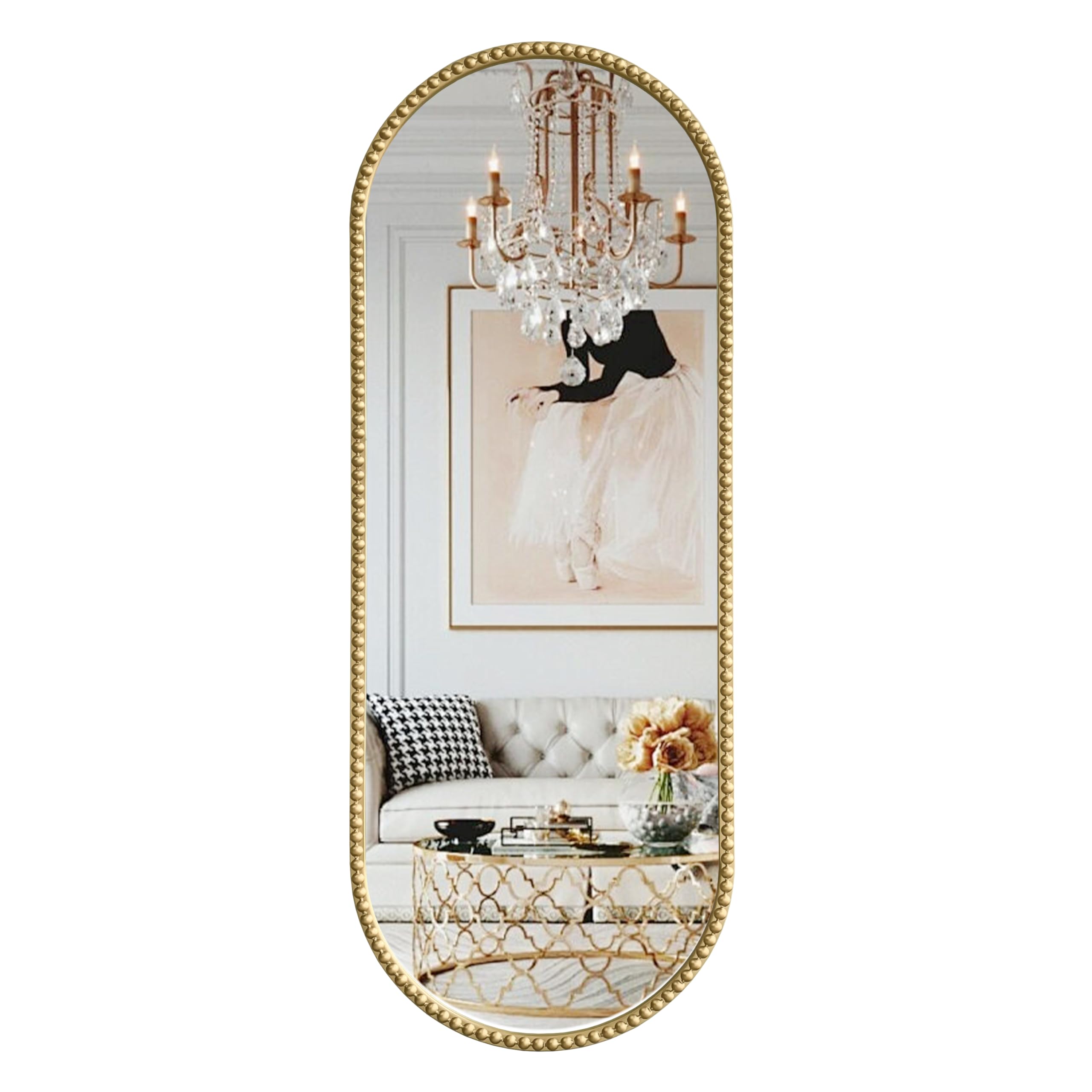 Antique Gold Oval Full Length Mirror - Vintage Beaded Wall Mounted 53"x20"