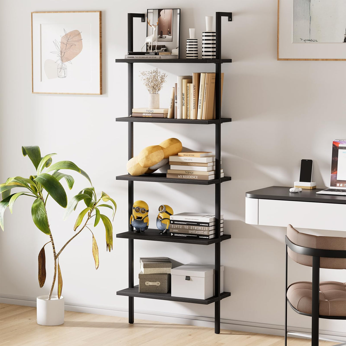 Ladder Shelf 2PCS Open Bookshelf 5-Tier Wood Wall-Mounted Black Bookcase