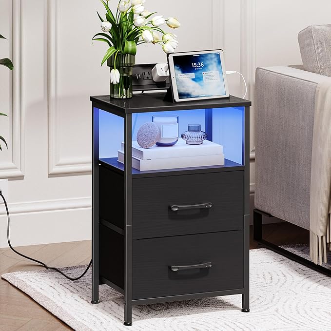 Nightstand with Charging Station, Bedside Table with LED Lights and 2 Fabric Drawers