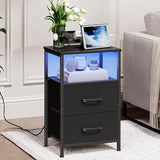 Nightstand with Charging Station, Bedside Table with LED Lights and 2 Fabric Drawers