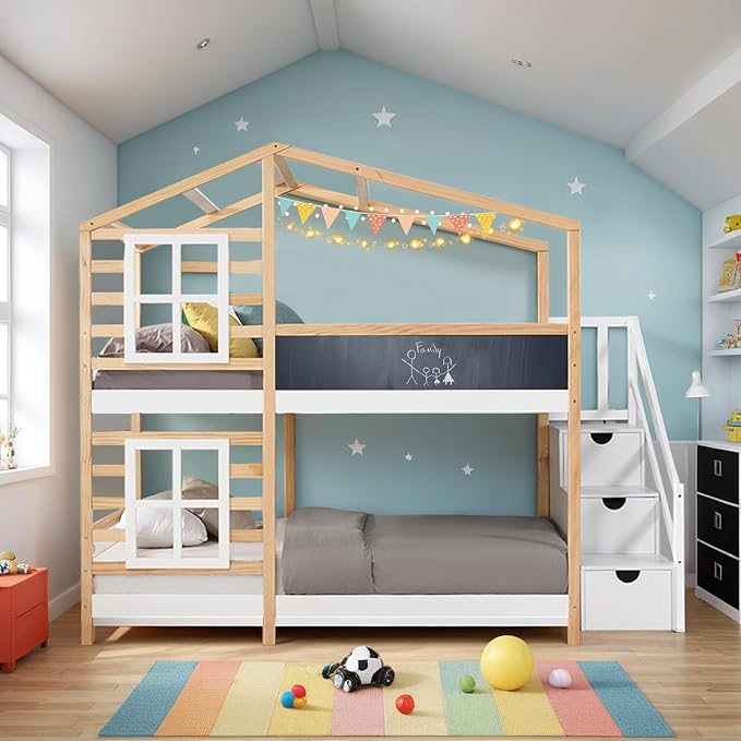 House Bunk Bed Full over Full with Storage Staircase&Blackboard, Wood Stairway Kids Bunk Bed