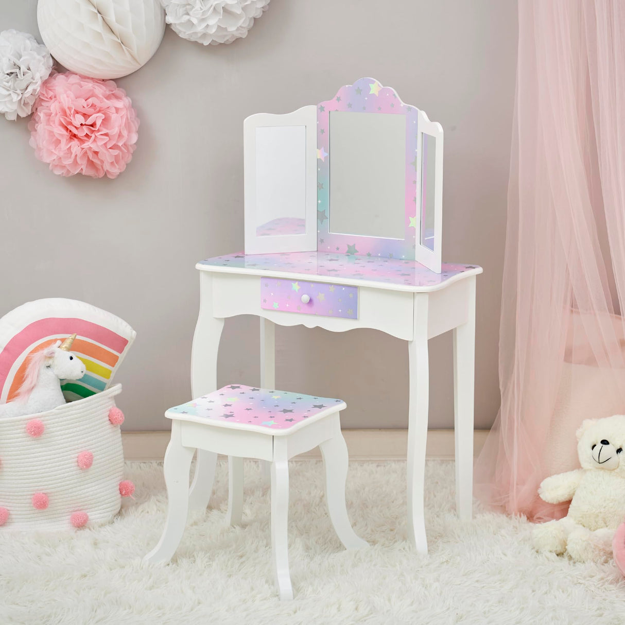 Princess Gisele Starry Sky Print 2-Piece Kids Wooden Play Vanity Set with Vanity Table