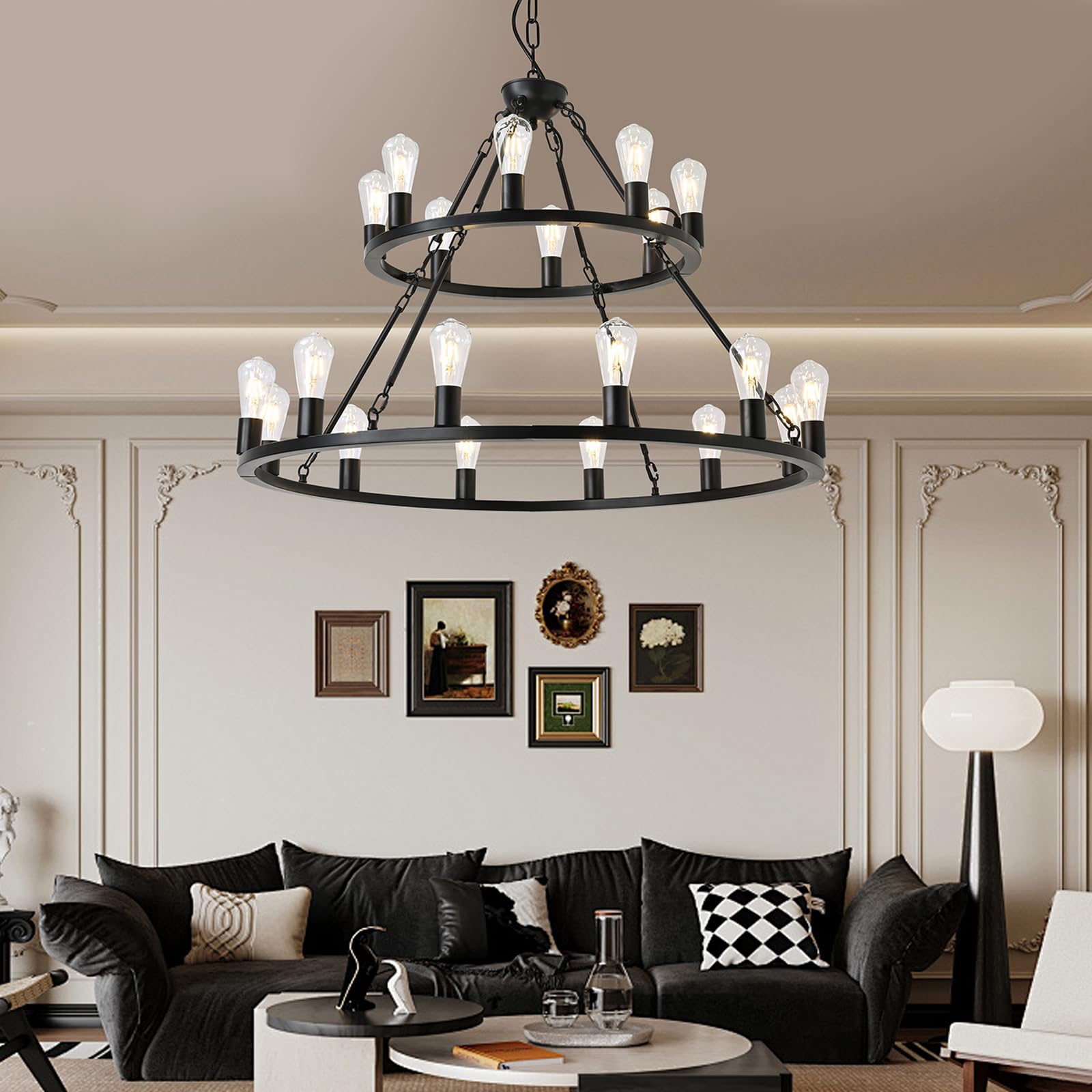 2 Tier Black Wagon Wheel Chandelier Vintage Farmhouse Chandelier 20-Light 40 Inch