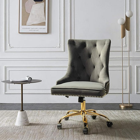 Velvet Armless Office Chair with Gold Base & Nailhead Trim, Modern Tufted Upholstered Desk Chair Swivel Adjustable, Cute Wingback Computer Task Vanity