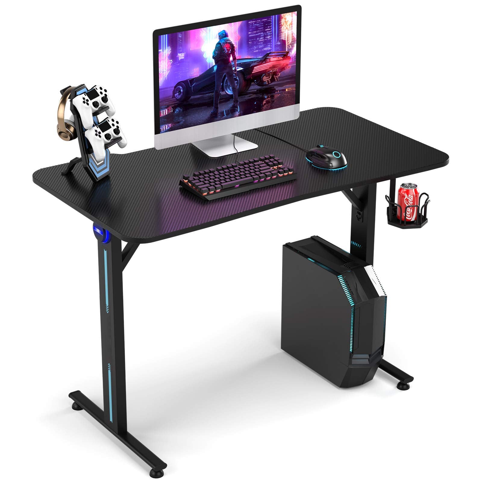 Gaming Desk, T-Shaped Computer Desk w/Game Controller Stand, Cup Holder and LED Light