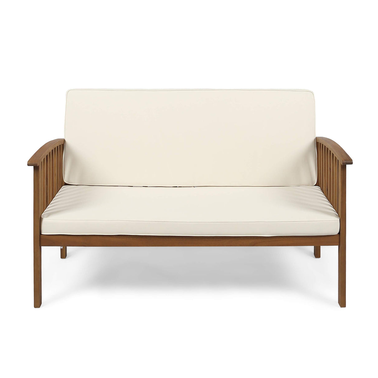 Grace Outdoor Acacia Wood Loveseat, Brown Patina Finish and Cream