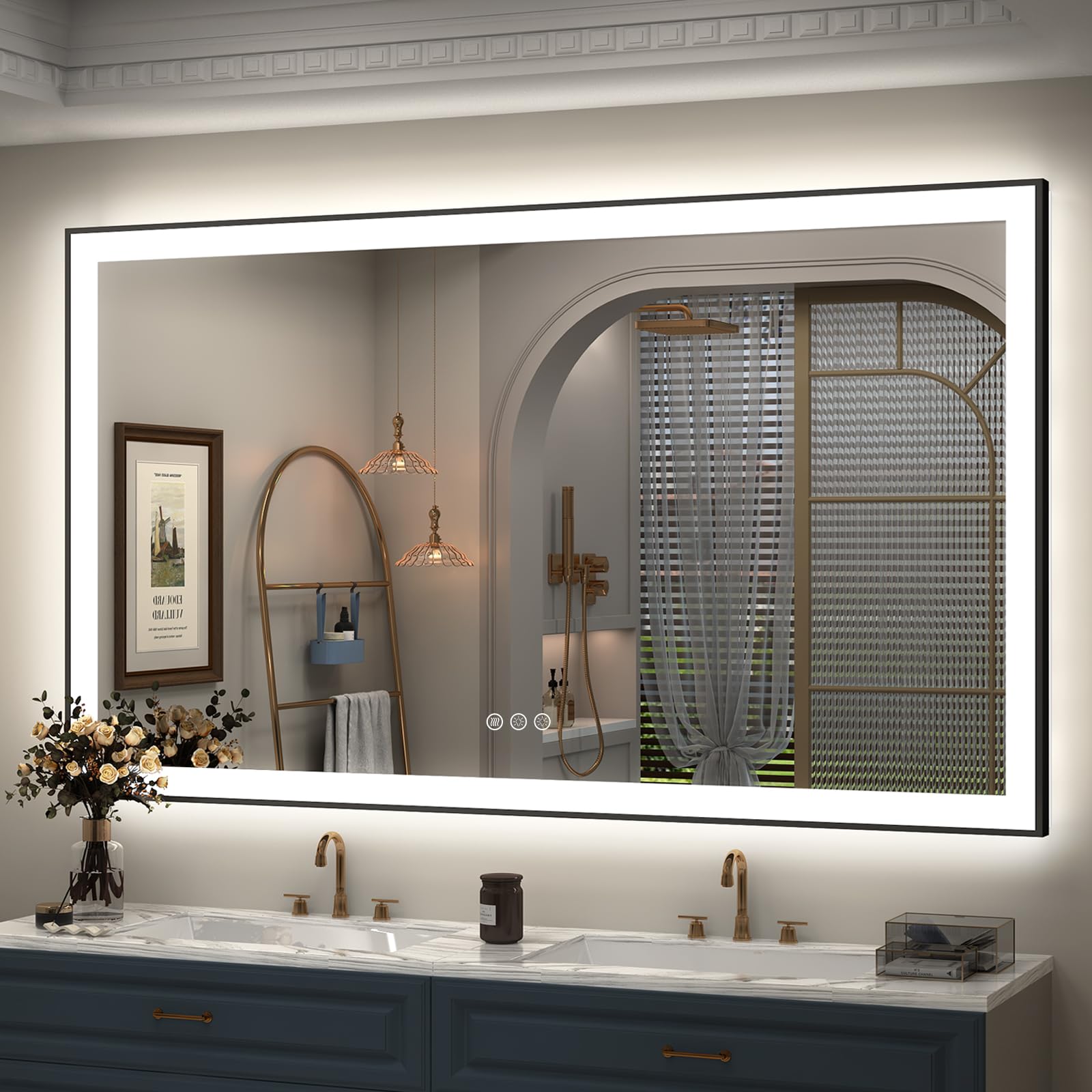 LED Bathroom Mirror, Matte Black Framed Lighted Rectangle Vanity Mirrors