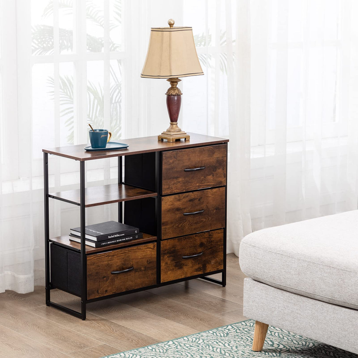 Rustic Storage Dresser with 4 Drawers, 3 Shelves, Fabric Drawer Dresser