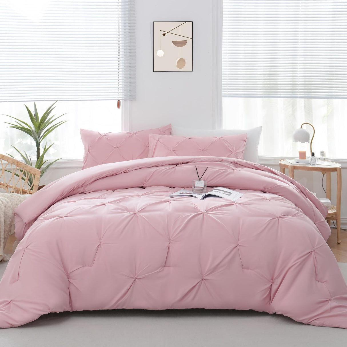 Queen Comforter Set Pink - 3 Pieces Cute Pinch Pleat Bed Set