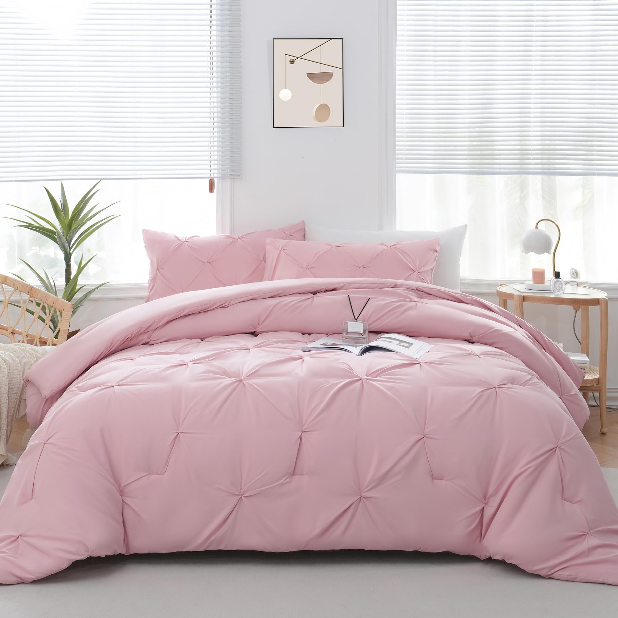 Queen Comforter Set Pink - 3 Pieces Cute Pinch Pleat Bed Set