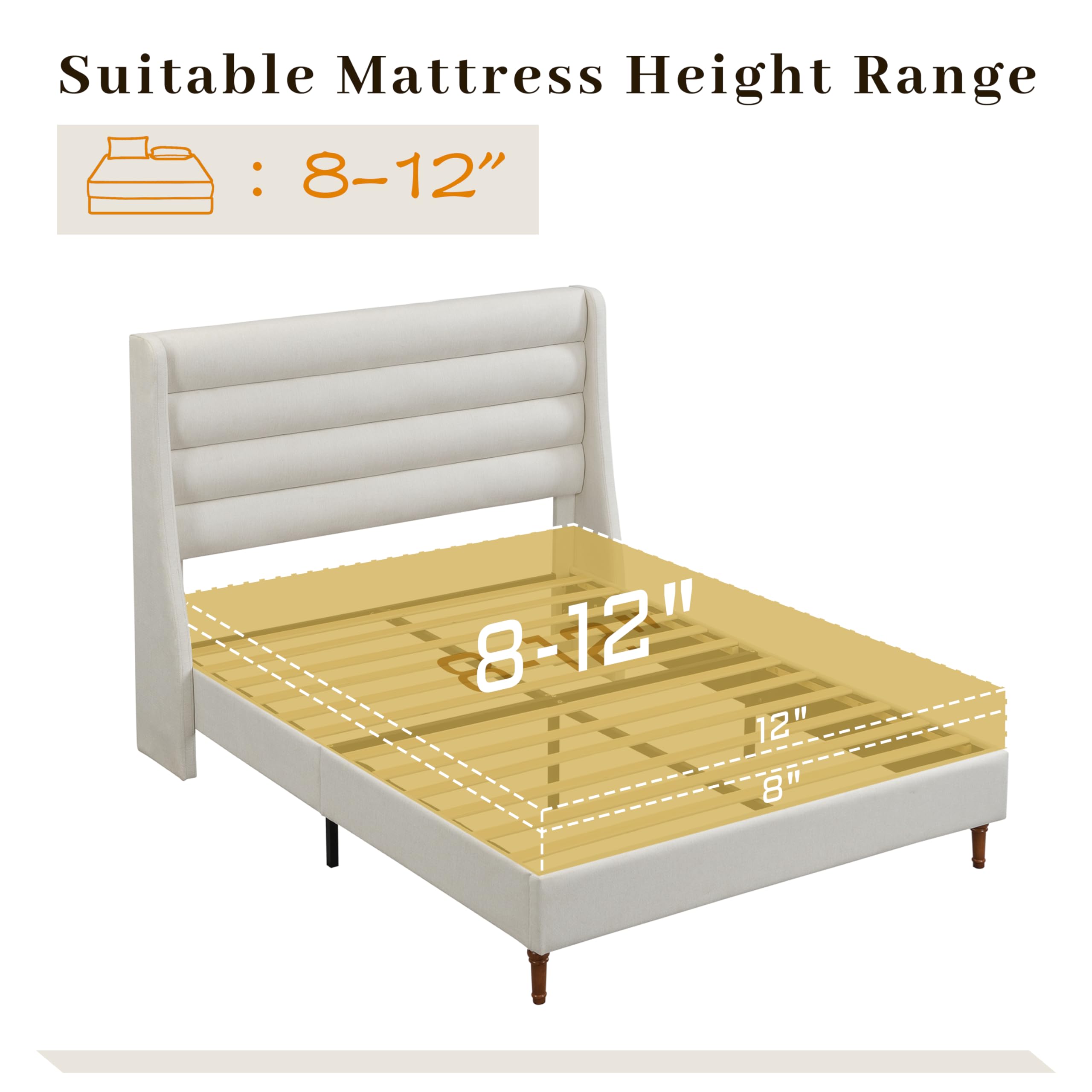 Queen Platform Bed with Wave Headboard - Ivory Chenille