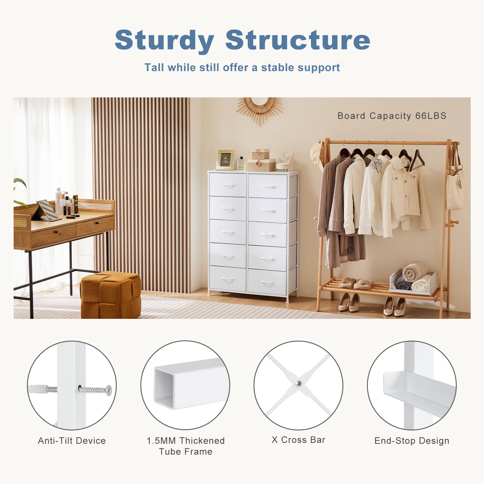Dresser for Bedroom Storage Tower, Chest Fabric Bins Sturdy Metal Frame Wood Tabletop