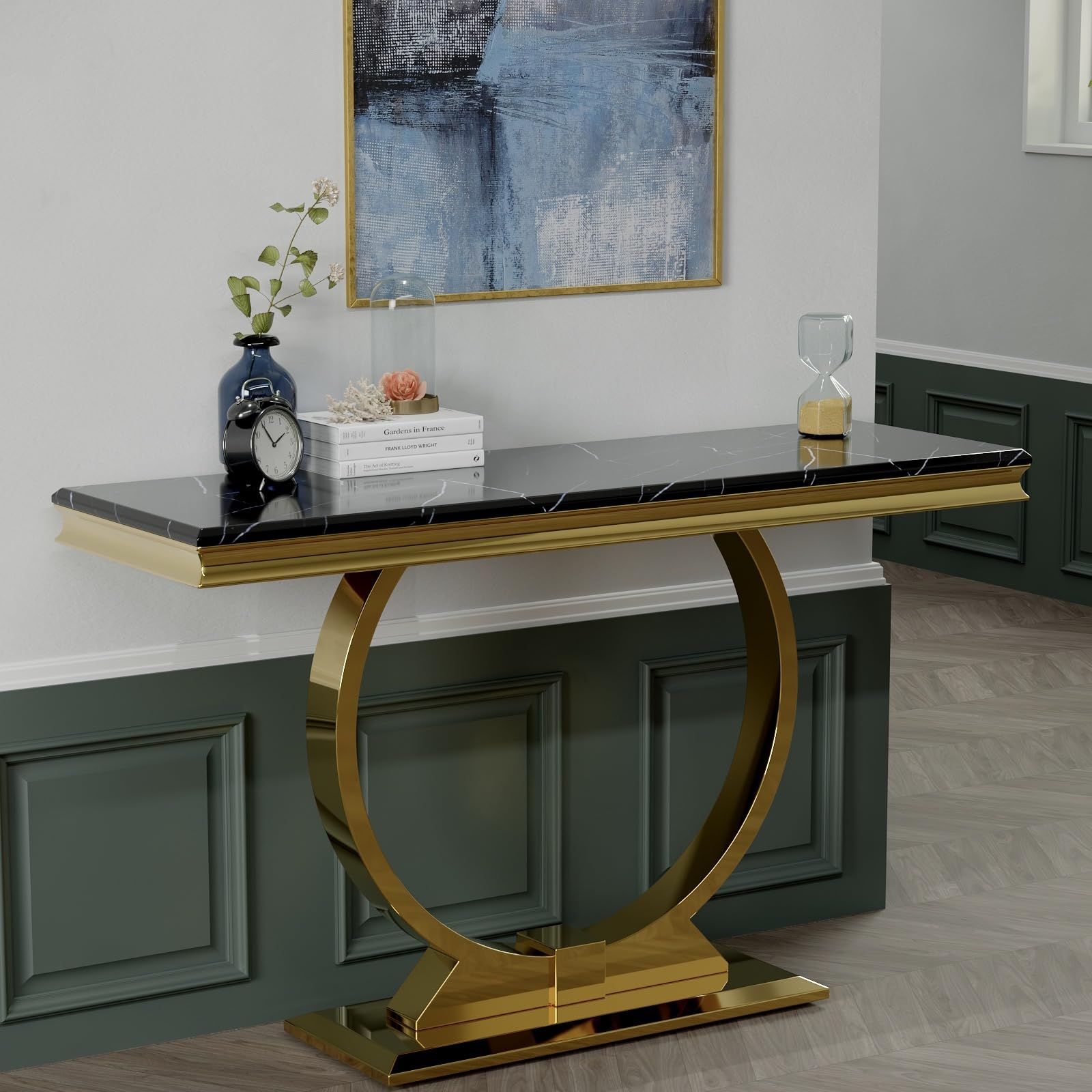 Black Gold Console Table, 50" Black Entrance Table with Gold U Shaped Base