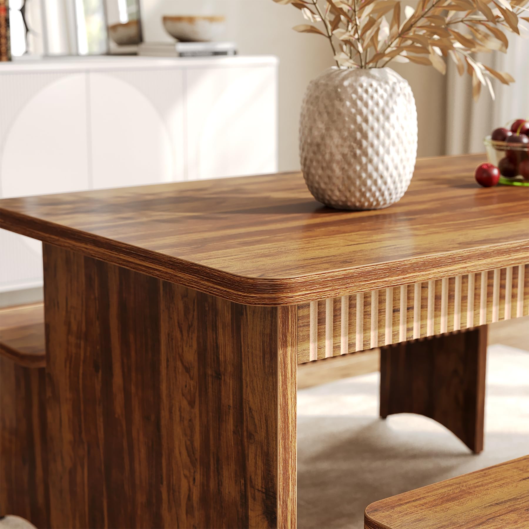 55" Farmhouse Dining Table Set with 2 Benches