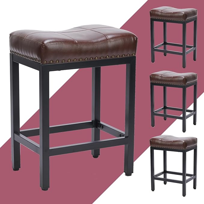 Bar Stools Counter Height - 24 Inch Saddle Stools, PU Leather Modern Kitchen Barstools