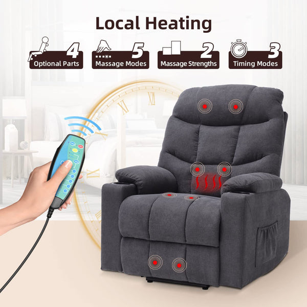 Houjud Power Recliner Chair with Heat and Vibration - Electric Recliner Chair for Elderly/Lazyboy - Recliner Sofa with Side Pockets and Massage Remote for Living Room, Bedroom(Grey-A)