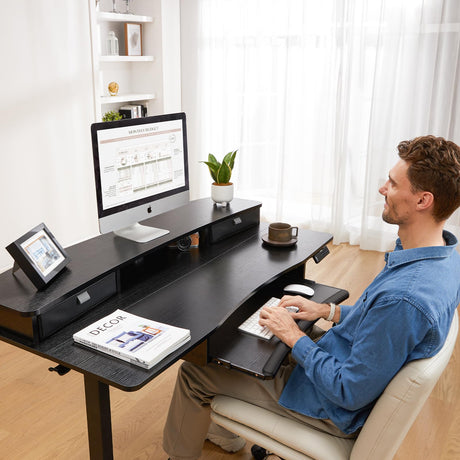 48" x 26" Electric Standing Desk with 2 Drawers & 26.7" Large Keyboard Tray, C-Clamp Mount Compatible, Adjustable Computer Desk for Home Office, Stand Up Desk with 4 Height Presets, Black