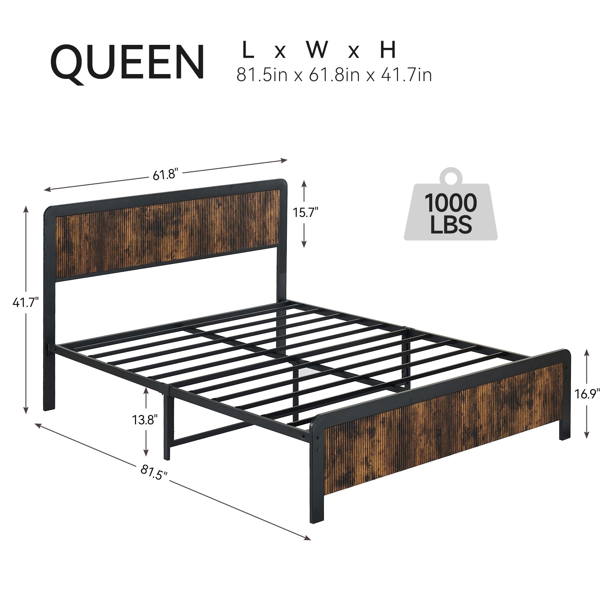 IDEALHOUSE Queen Size Bed Frame with Wave Wood Headboard, Queen Platform Bed Frame with Safe Rounded Corners & Under Bed Storage, Strong Metal Slats Support, No Box Spring Needed (Rustic Brown)