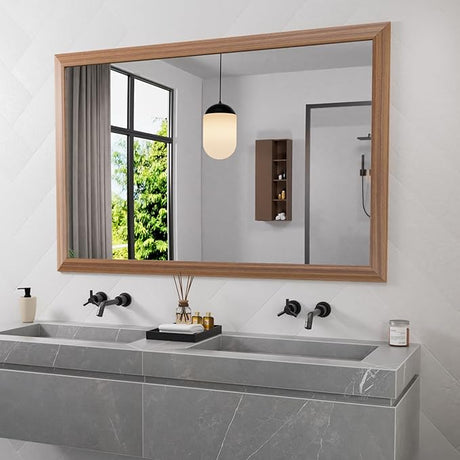 Bathroom Mirror, 48x36 Inch Wall Mirror, Oak Wood Grain Metal Framed, Anti-Rust