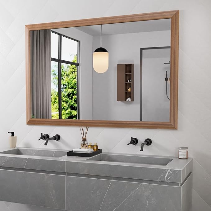 Bathroom Mirror,  Wall Mirror, Oak Wood Grain Metal Framed