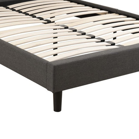 Rin Queen Size Platform Bed, Charcoal Gray Upholstery, Panel Headboard