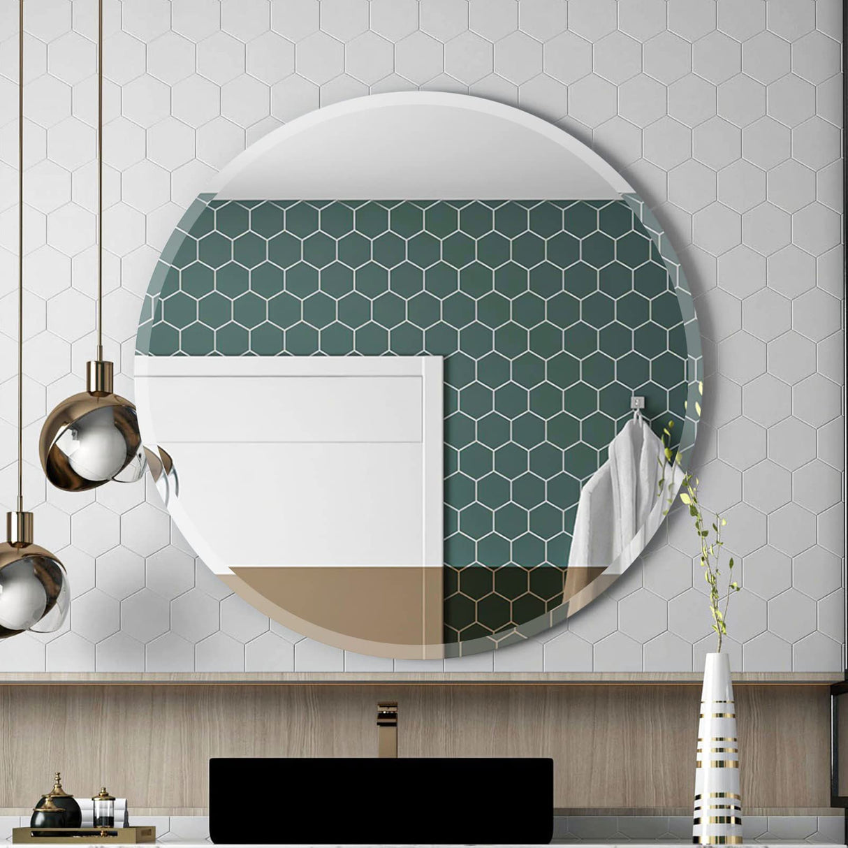 Frameless Round Mirror 28 Inch, Round Mirror with 1 inch Beveled Edge,