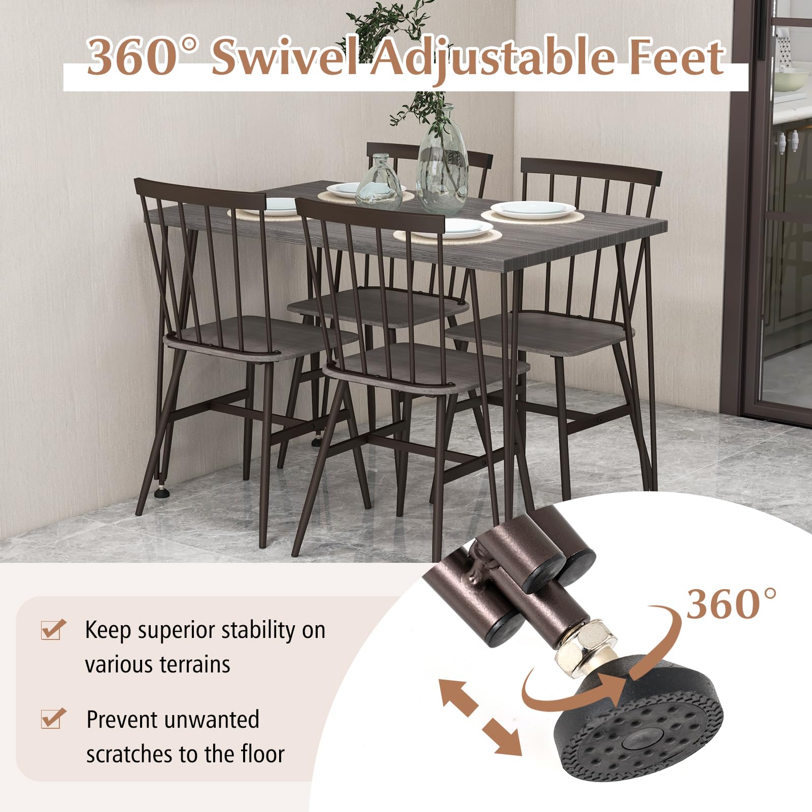 Tangkula Dining Table Set for 4, Kitchen Table and Chairs Set of 4 w/Metal Frame, 360° Swivel Feet, Space-Saving Dinette Table Set for Living Room, Restaurant, Breakfast Nook (Grey Oak)