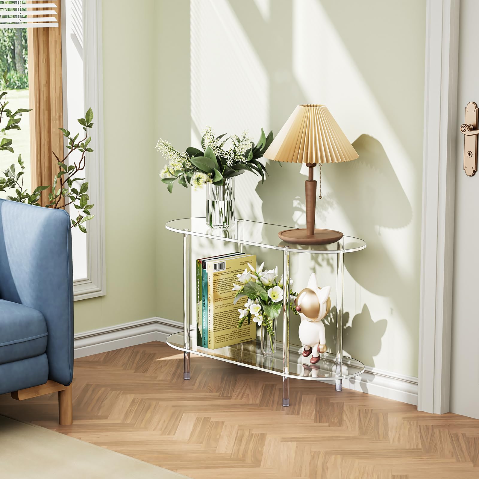 Clear Acrylic Console Table - 2 Tier Oval Storage Shelf