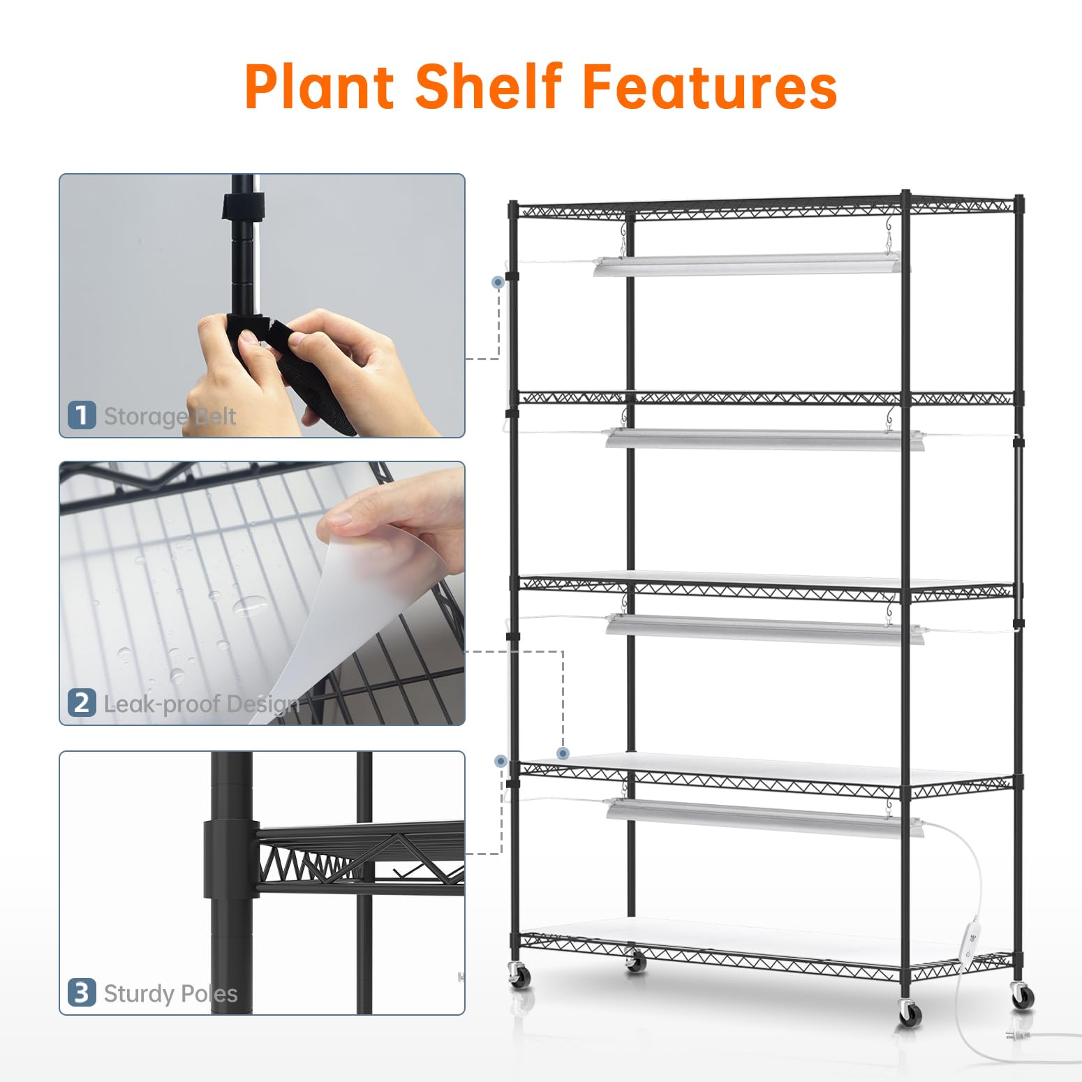 Bstrip Plant Shelf with Grow Lights, 5 Tier Large Tall Plant Stand with 3FT T5 144w Grow Light for Indoor Plants, 3 Mode Full Spectrum LED Plant Light with wheel and Timer for Seedling, 47.2x17.8x71IN