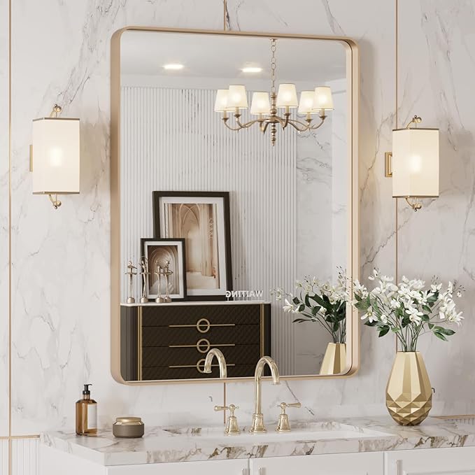 Bathroom Mirror, Rounded Rectangle Silver Metal Frame Mirror