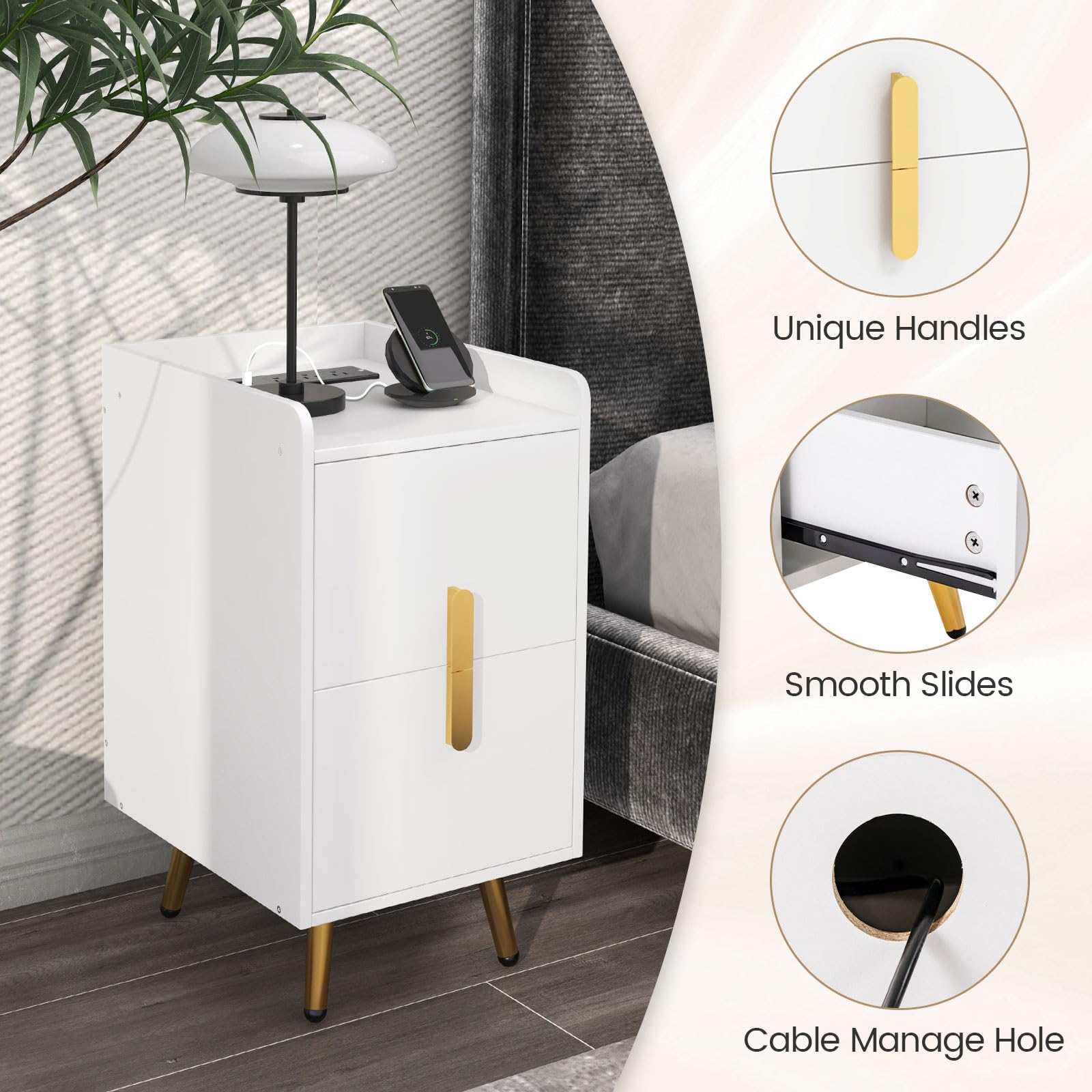 Nightstand with Charging Station, Narrow End Table with 2 Drawers & Metal
