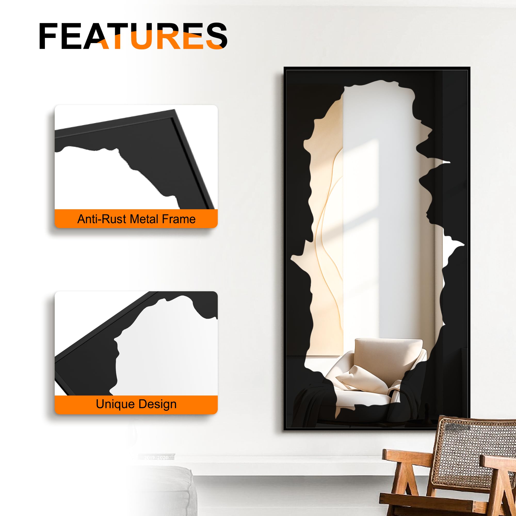 Full-Length Mirror Free Standing Leaning Mirror with Artistic Black Abstract Overlay Deco, 55"x28" Shatterproof Wall-Mounted Mirror, Perfect for Living Room, Bedroom, Cloakroom, and Bathroom Decor