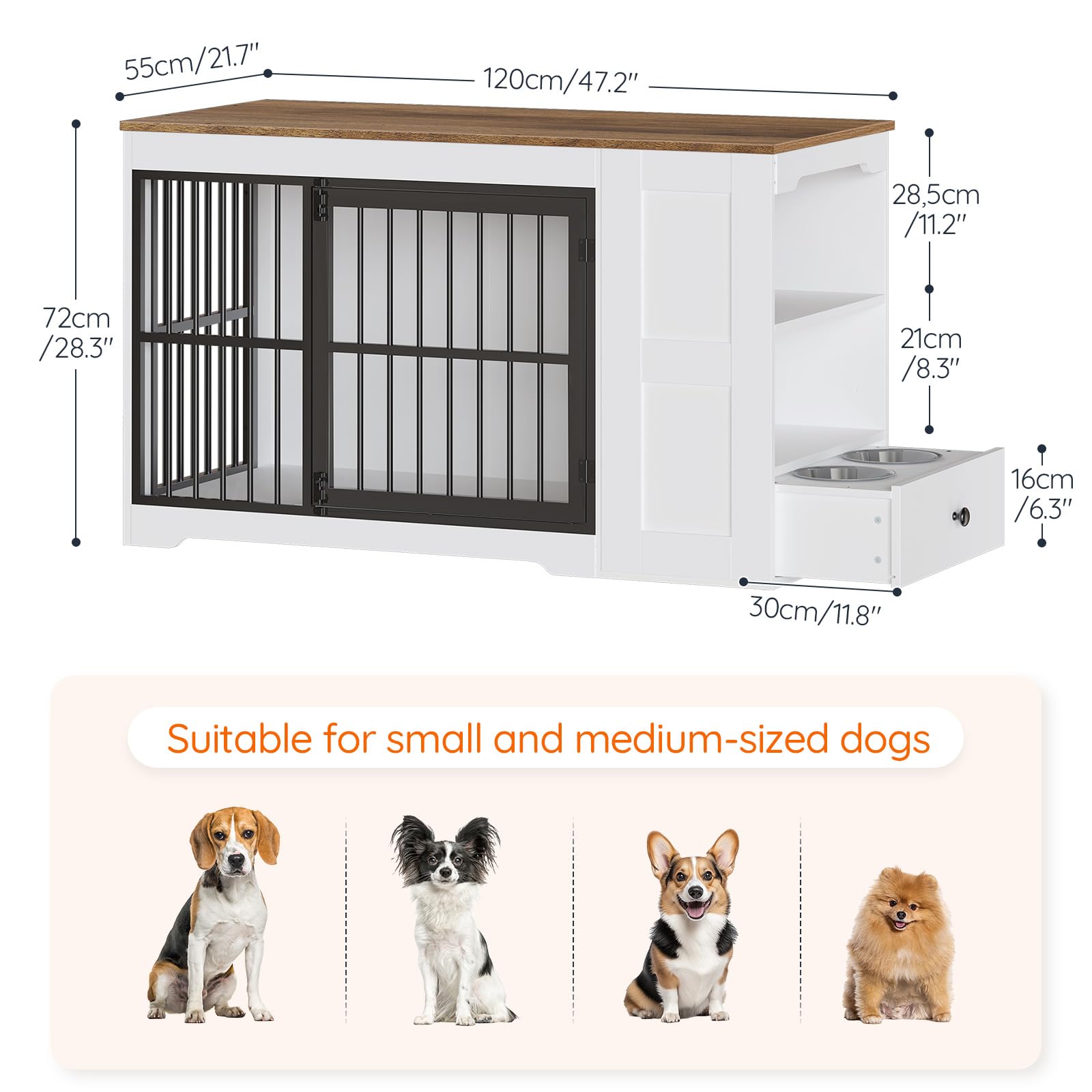 47.2" Dog Crate Furniture with Storage Shelf and Feeding Bowls