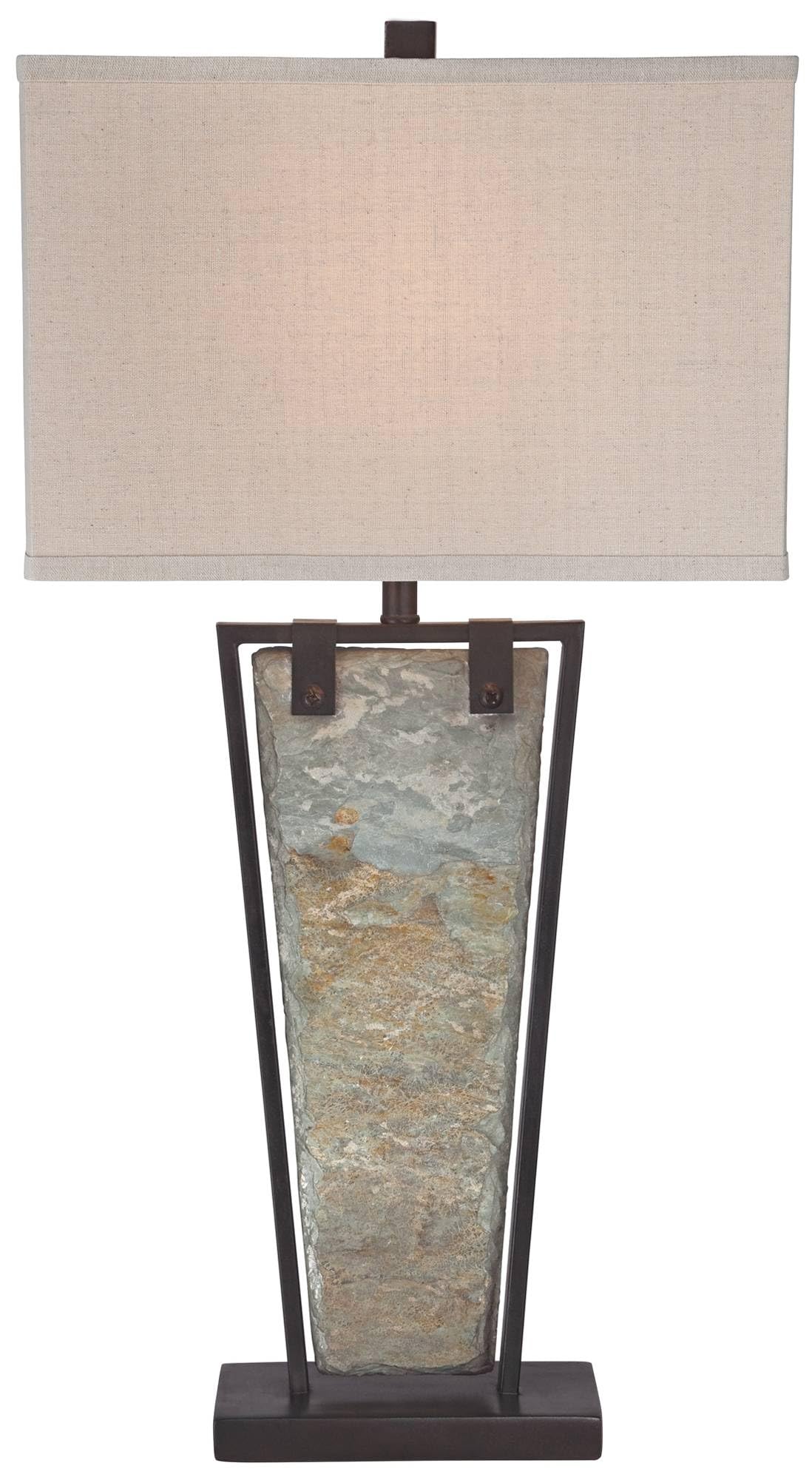 Franklin Iron Works Zion Rustic Farmhouse Table Lamp 30" Tall Natural Slate Bronze Tapered Metal Frame Rectangular Shade for Living Room Bedroom House Bedside Nightstand Home Office Entryway Family