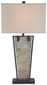 Franklin Iron Works Zion Rustic Farmhouse Table Lamp 30" Tall Natural Slate Bronze Tapered Metal Frame Rectangular Shade for Living Room Bedroom House Bedside Nightstand Home Office Entryway Family